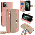 For iPhone 11 Pro Case Zipper Pocket Phone Bag Stand Cover with Makeup Mirror Strap