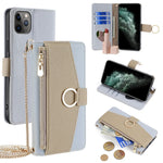 For iPhone 11 Pro Case Zipper Pocket Phone Bag Stand Cover with Makeup Mirror Strap