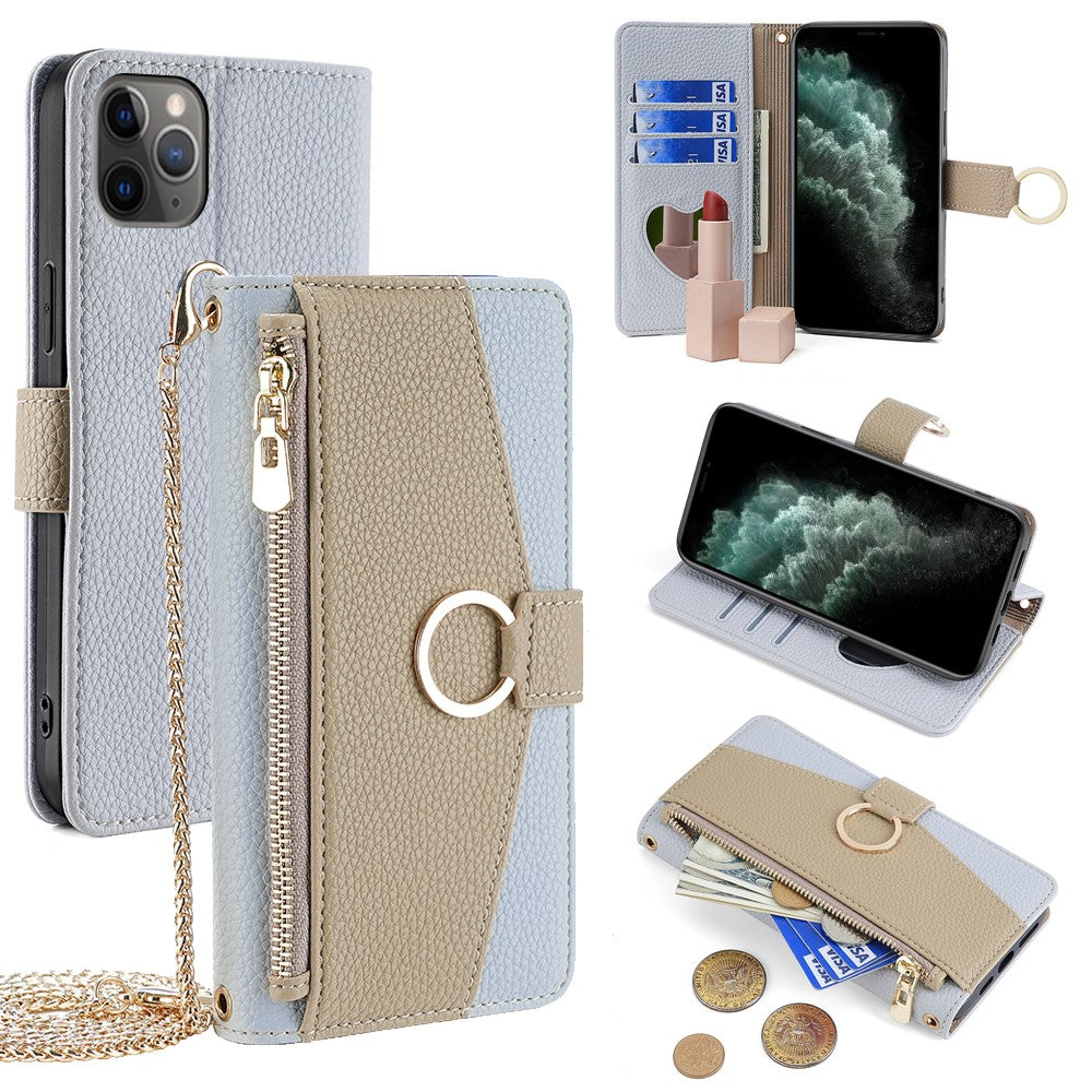 For iPhone 11 Pro Case Zipper Pocket Phone Bag Stand Cover with Makeup Mirror Strap