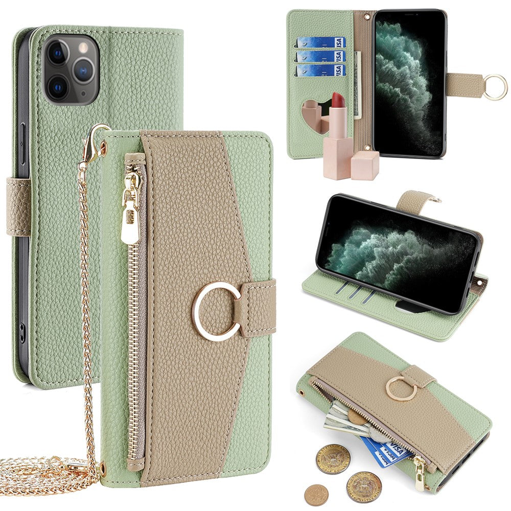For iPhone 11 Pro Case Zipper Pocket Phone Bag Stand Cover with Makeup Mirror Strap