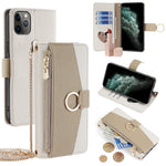 For iPhone 11 Pro Case Zipper Pocket Phone Bag Stand Cover with Makeup Mirror Strap