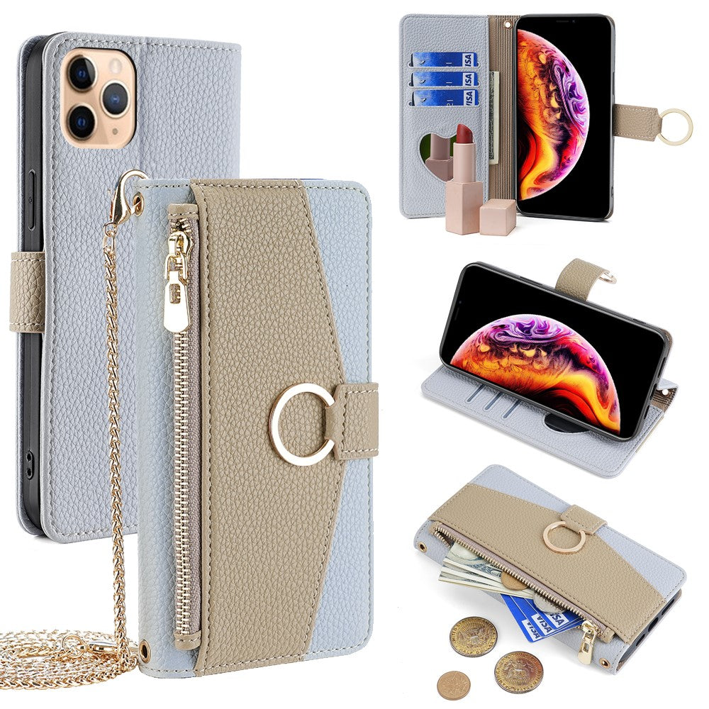 For iPhone 11 Pro Max Case PU Leather Phone Stand Cover Card Bag with Chain Strap