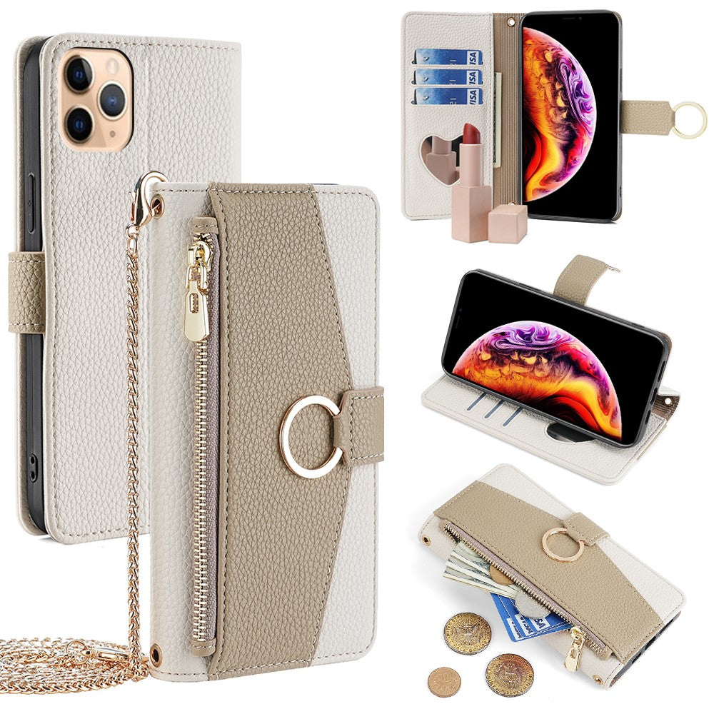 For iPhone 11 Pro Max Case PU Leather Phone Stand Cover Card Bag with Chain Strap