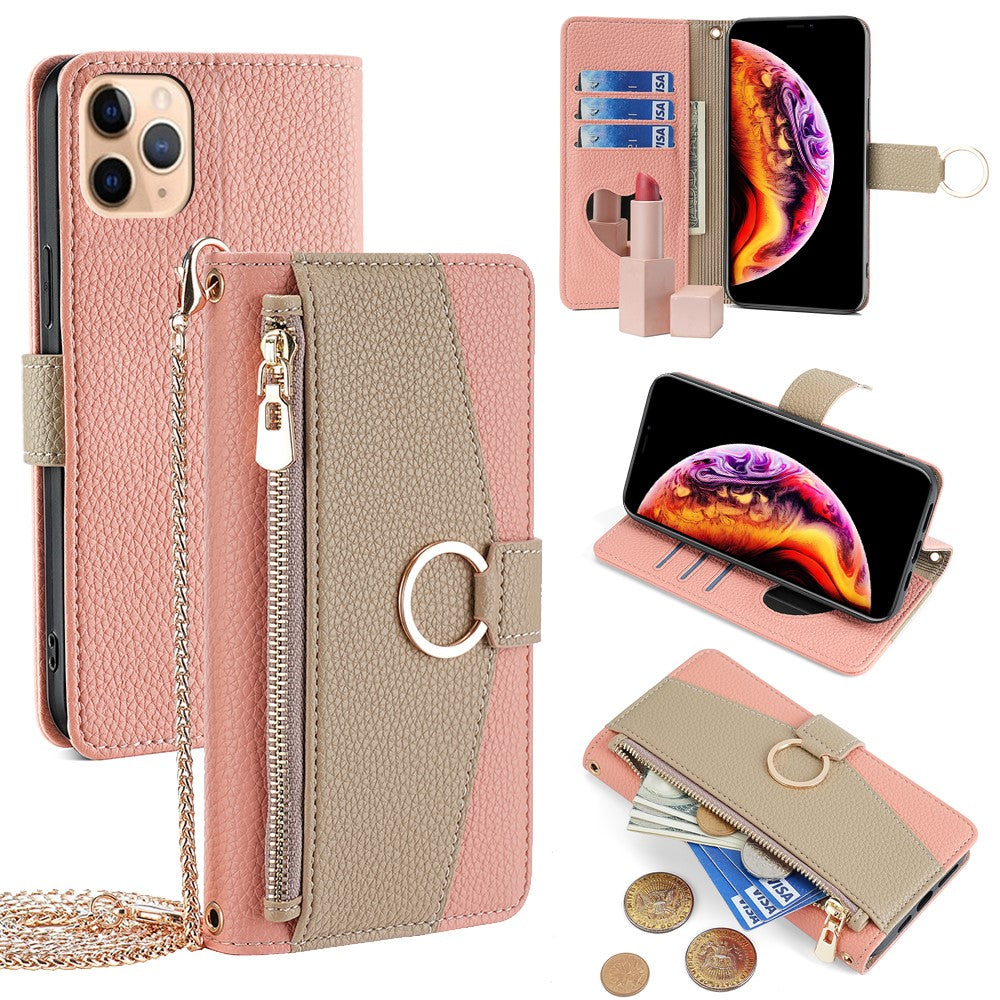 For iPhone 11 Pro Max Case PU Leather Phone Stand Cover Card Bag with Chain Strap
