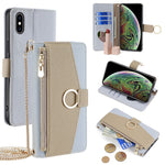 For iPhone XS Max Leather Case Wallet Phone Bag Cover Stand with Chain Strap - Grey