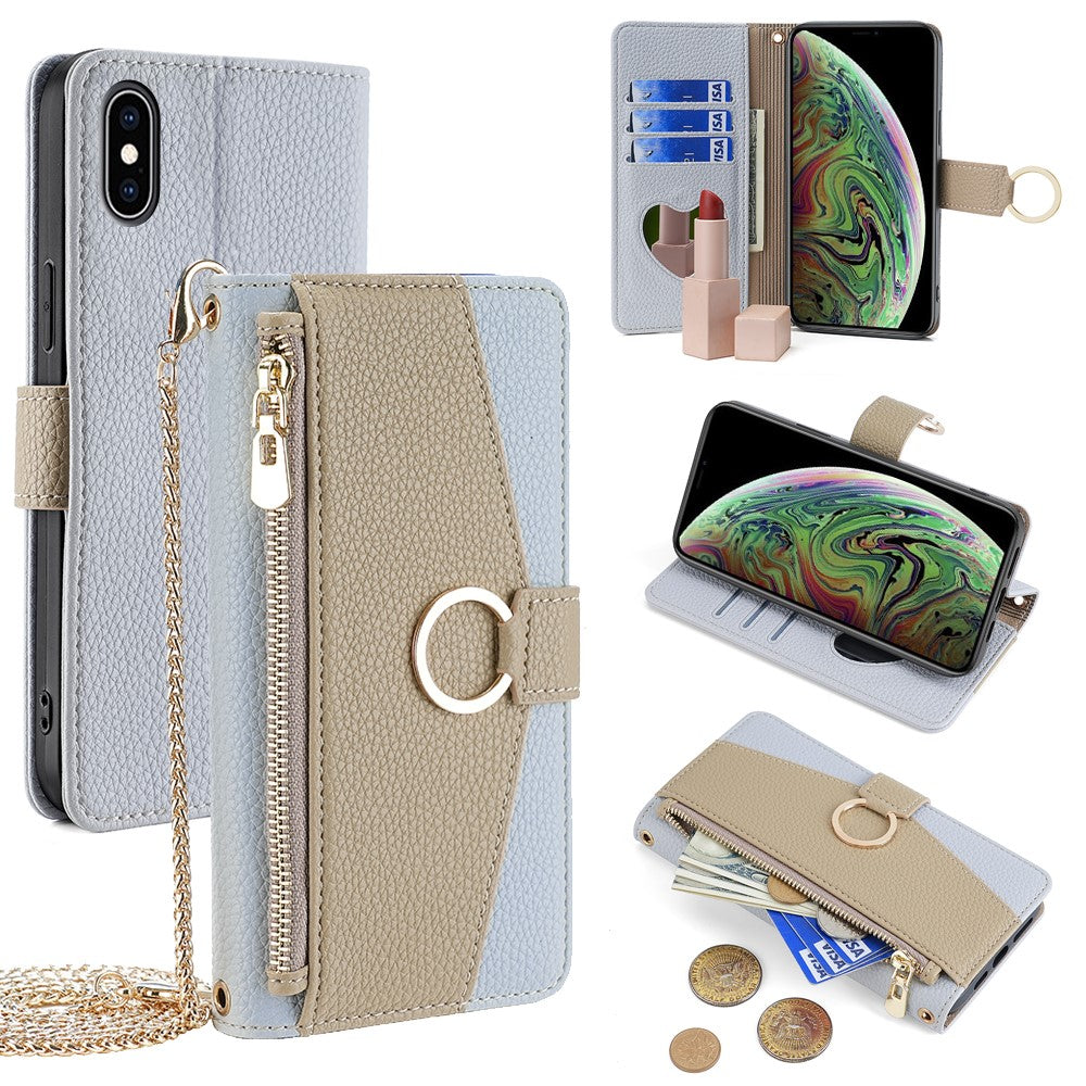 For iPhone XS Max Leather Case Wallet Phone Bag Cover Stand with Chain Strap - Grey