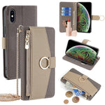 For iPhone XS Max Leather Case Wallet Phone Bag Cover Stand with Chain Strap - Grey