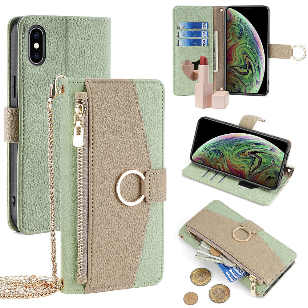 For iPhone XS Max Leather Case Wallet Phone Bag Cover Stand with Chain Strap - Grey