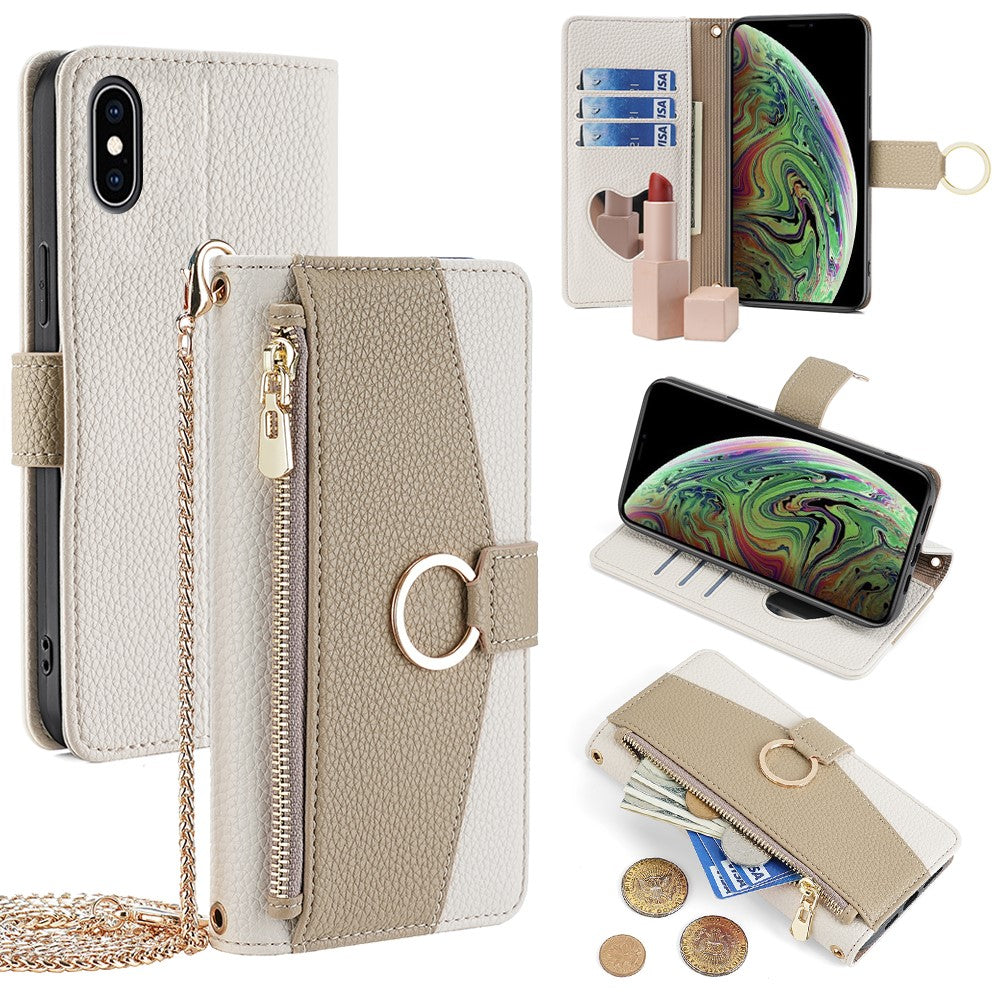 For iPhone XS Max Leather Case Wallet Phone Bag Cover Stand with Chain Strap - Grey