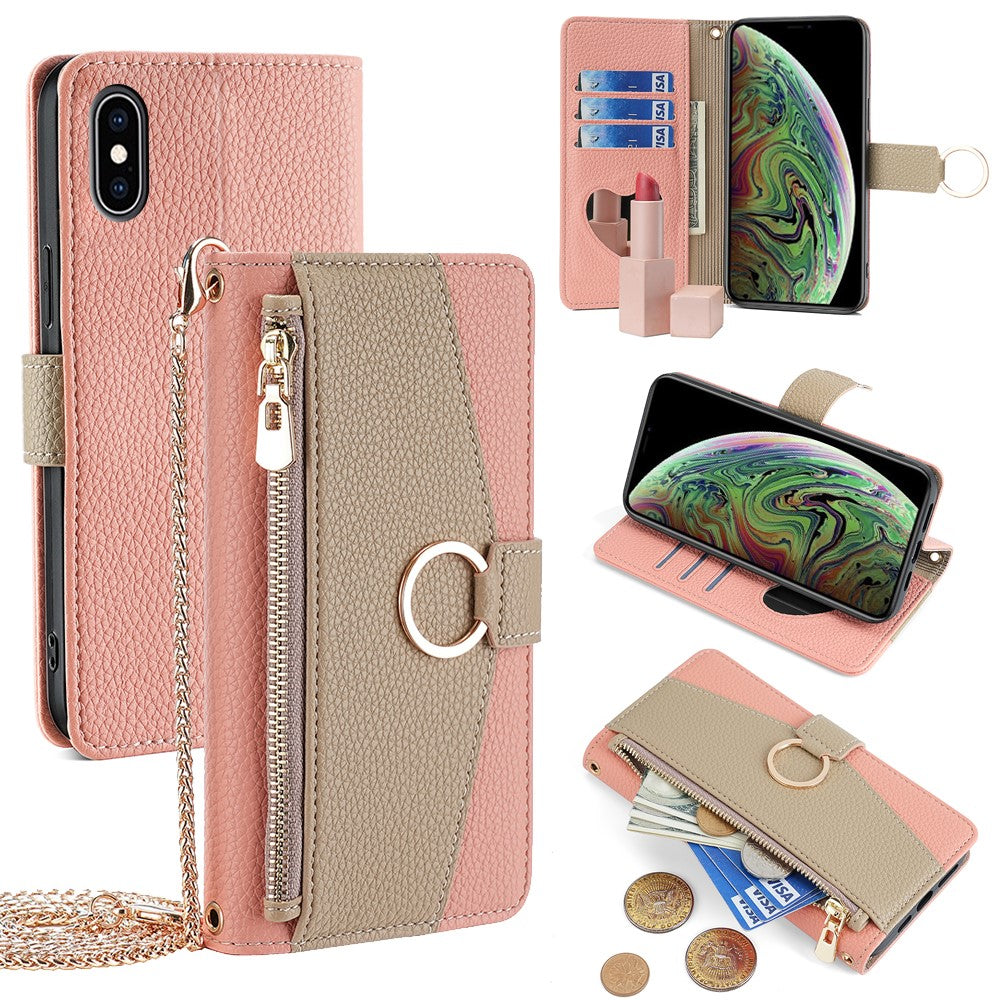 For iPhone XS Max Leather Case Wallet Phone Bag Cover Stand with Chain Strap - Grey
