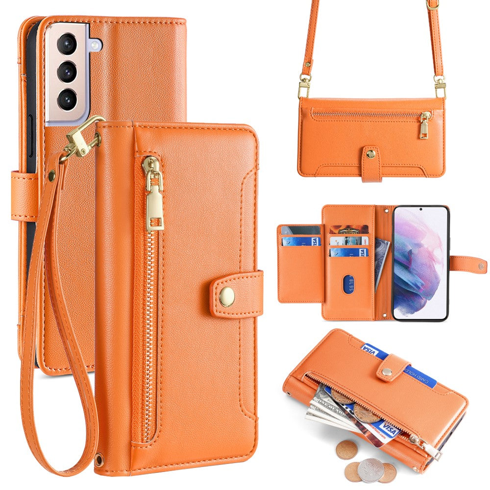 For Samsung Galaxy S21+ 5G Cell Phone Case Textured Wallet Stand Leather Phone Cover with 2 Straps