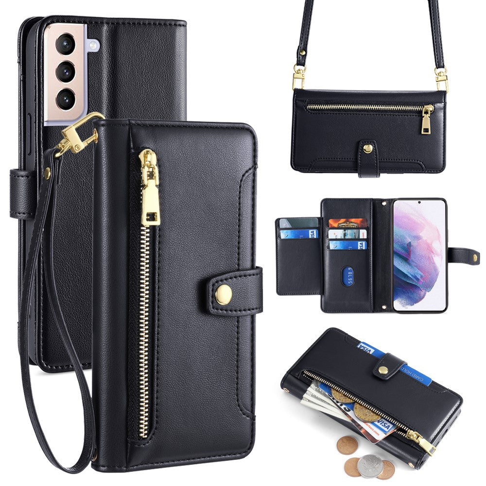 For Samsung Galaxy S21+ 5G Cell Phone Case Textured Wallet Stand Leather Phone Cover with 2 Straps