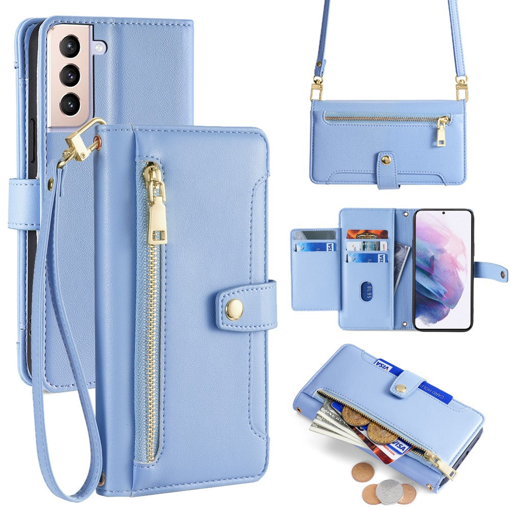 For Samsung Galaxy S21+ 5G Cell Phone Case Textured Wallet Stand Leather Phone Cover with 2 Straps