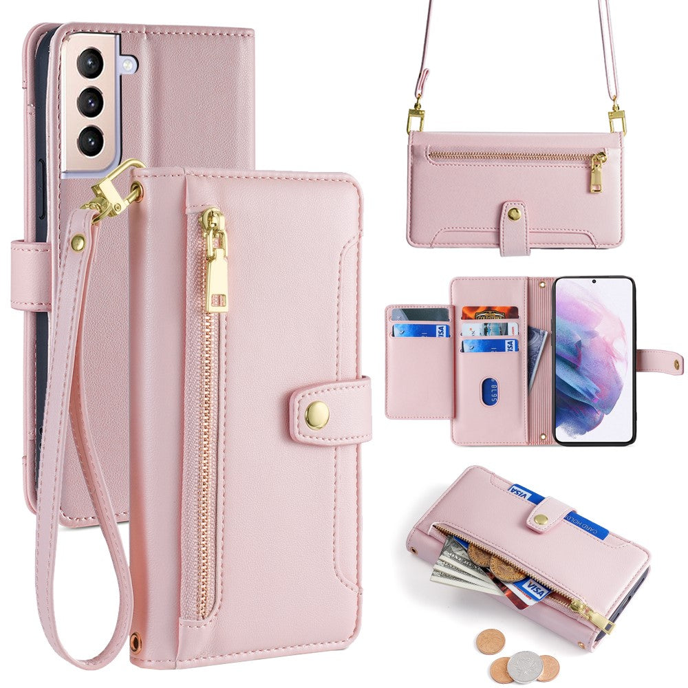 For Samsung Galaxy S21+ 5G Cell Phone Case Textured Wallet Stand Leather Phone Cover with 2 Straps