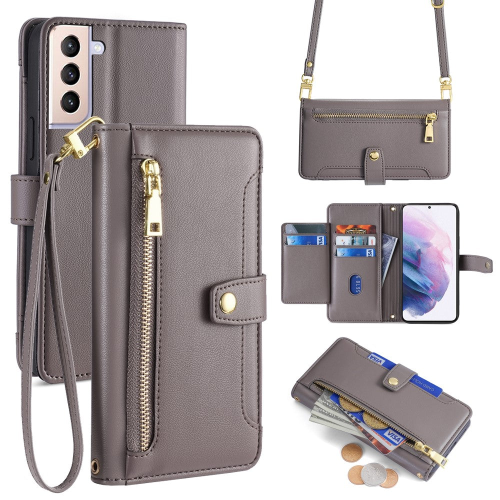 For Samsung Galaxy S21+ 5G Cell Phone Case Textured Wallet Stand Leather Phone Cover with 2 Straps