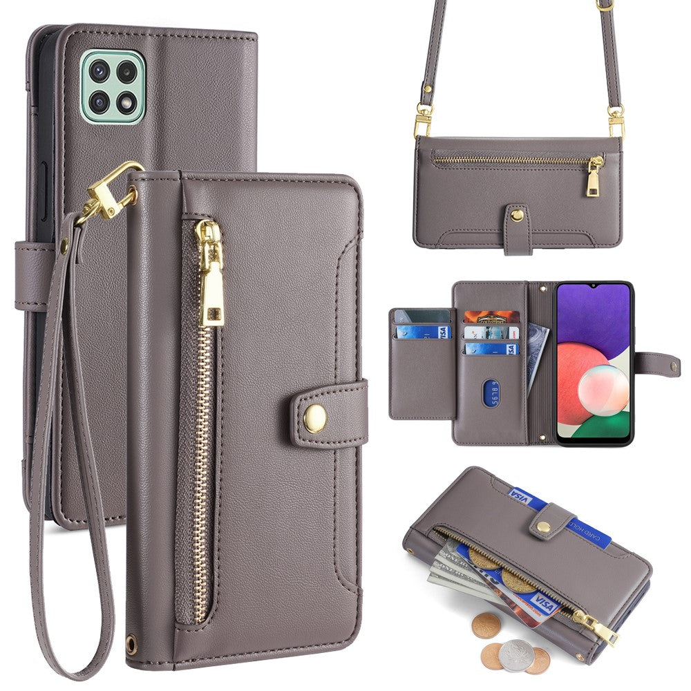 For Samsung Galaxy A22 5G (EU Version) Cell Phone Case PU Leather Cover with Long and Short Strap