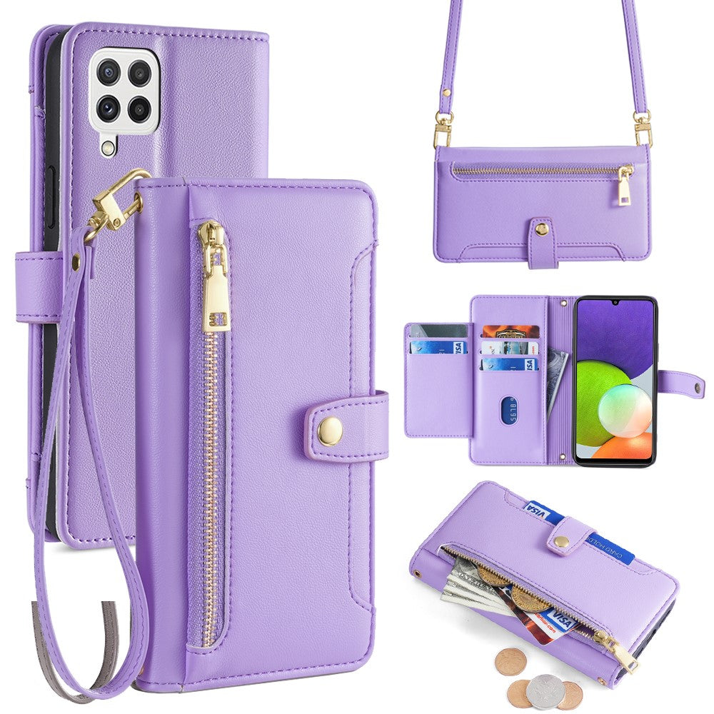 For Samsung Galaxy A22 4G (EU Version) Cell Phone Case Anti-shock PU Leather Wallet Cover with 2 Straps