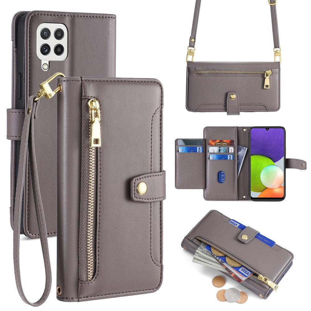 For Samsung Galaxy A22 4G (EU Version) Cell Phone Case Anti-shock PU Leather Wallet Cover with 2 Straps