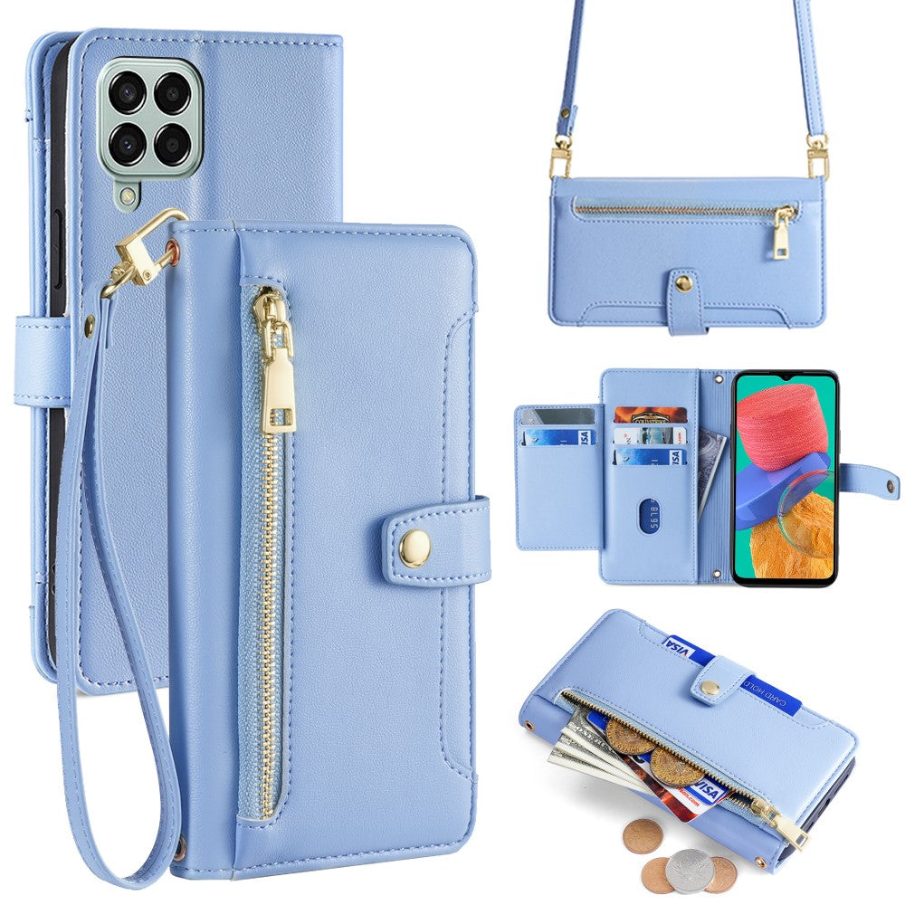 For Samsung Galaxy M33 5G (Global Version) Cell Phone Case Textured Leather Stand Cover with 2 Straps