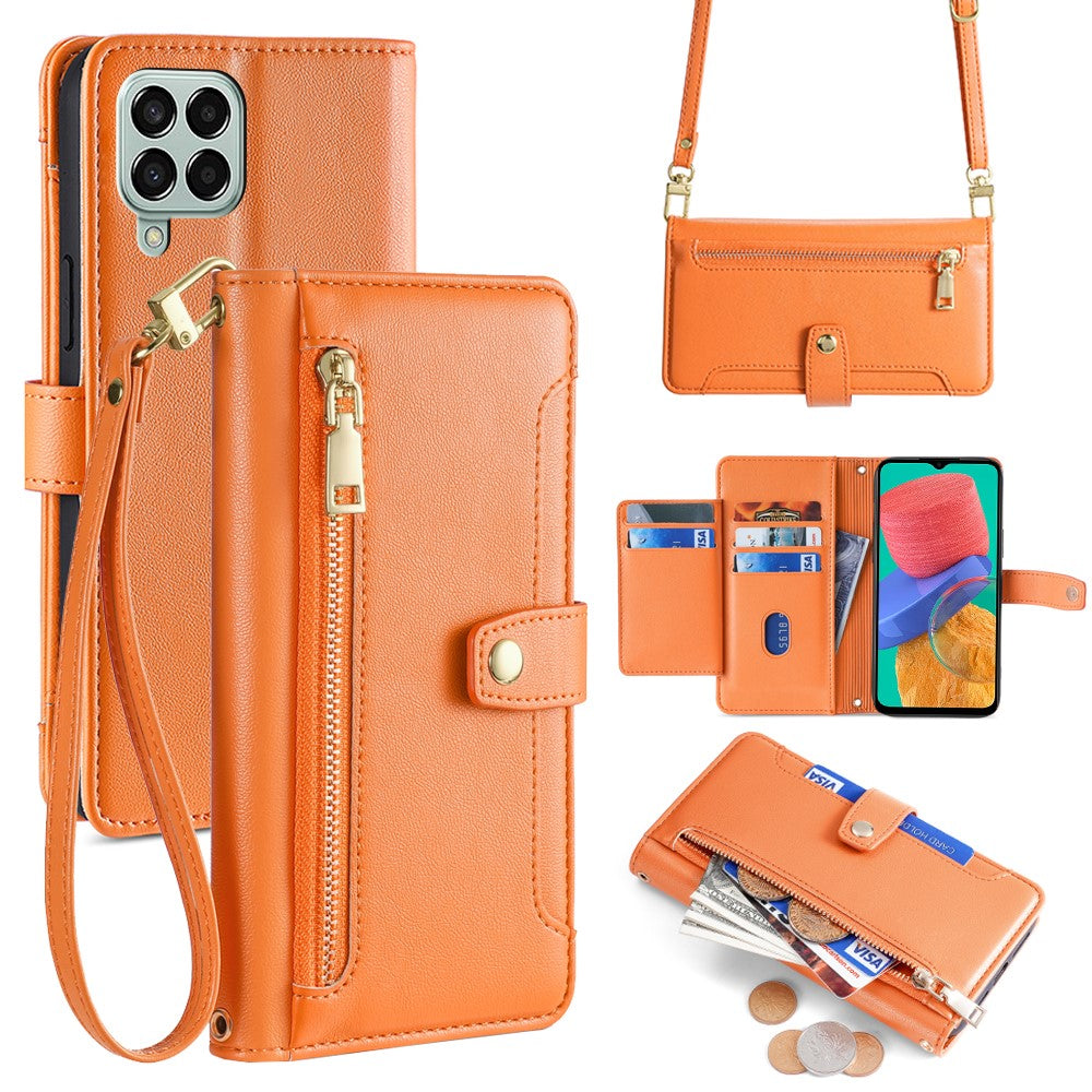 For Samsung Galaxy M33 5G (Global Version) Cell Phone Case Textured Leather Stand Cover with 2 Straps