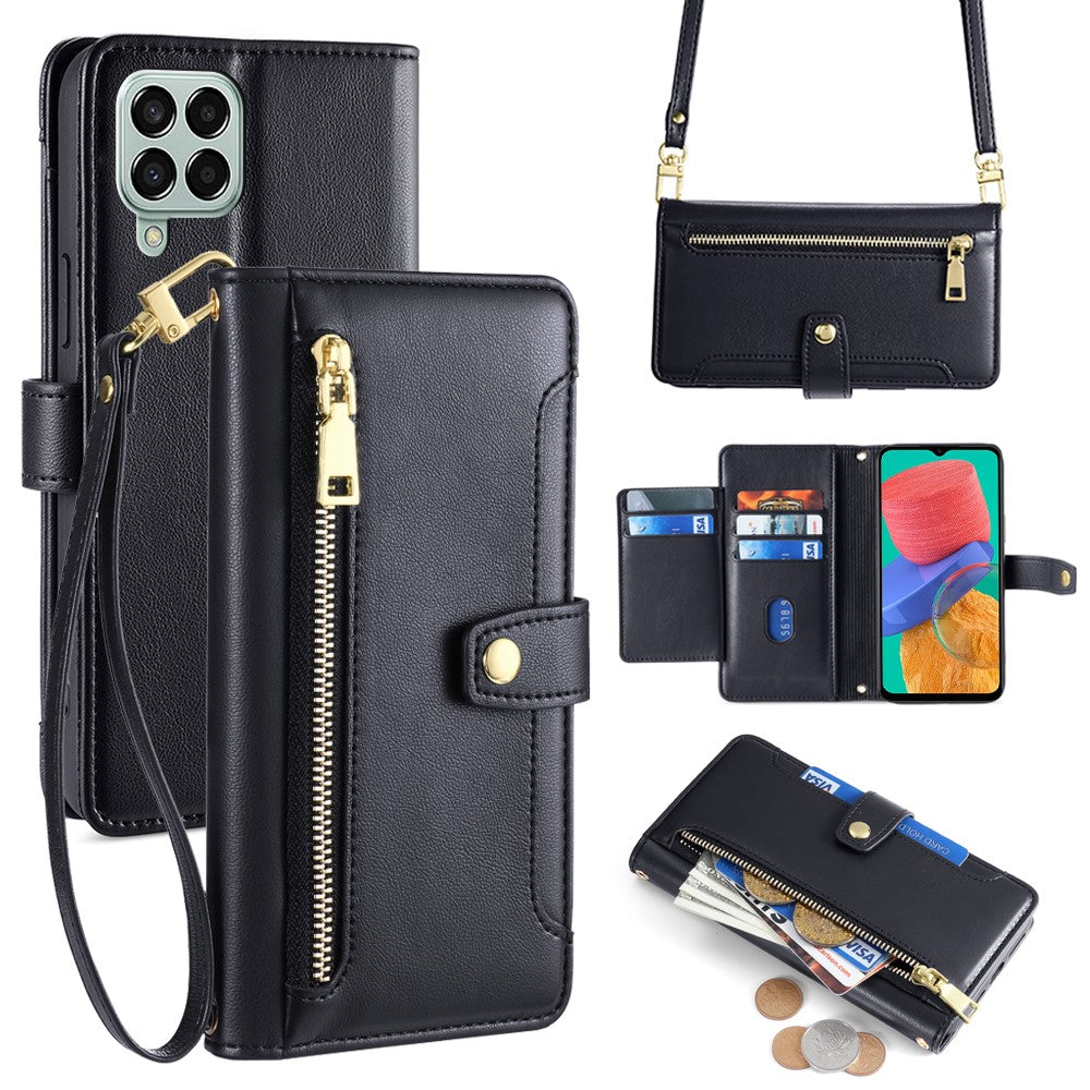 For Samsung Galaxy M33 5G (Global Version) Cell Phone Case Textured Leather Stand Cover with 2 Straps