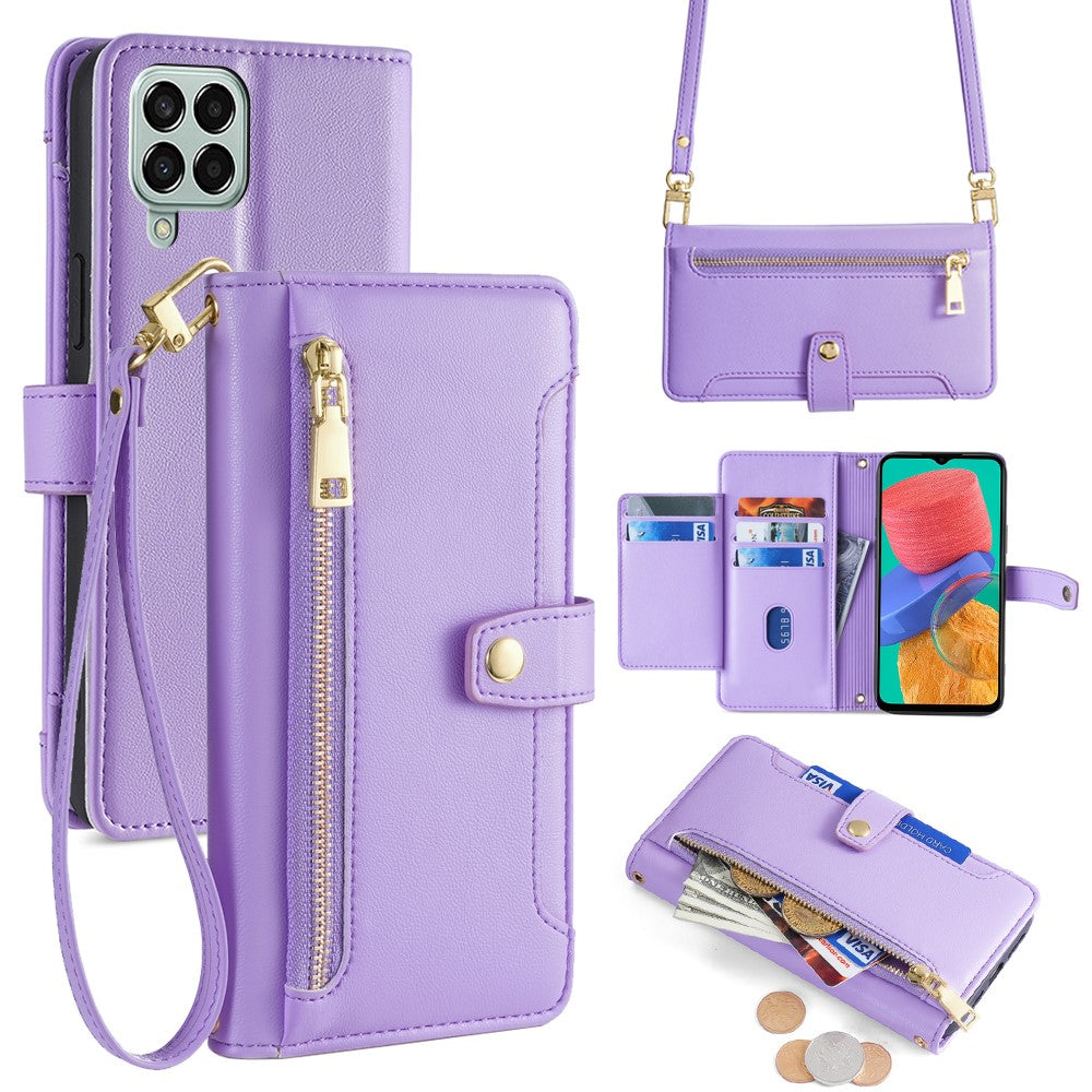 For Samsung Galaxy M33 5G (Global Version) Cell Phone Case Textured Leather Stand Cover with 2 Straps