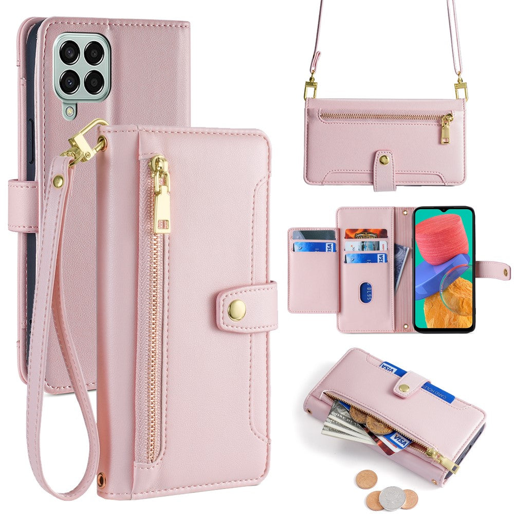For Samsung Galaxy M33 5G (Global Version) Cell Phone Case Textured Leather Stand Cover with 2 Straps