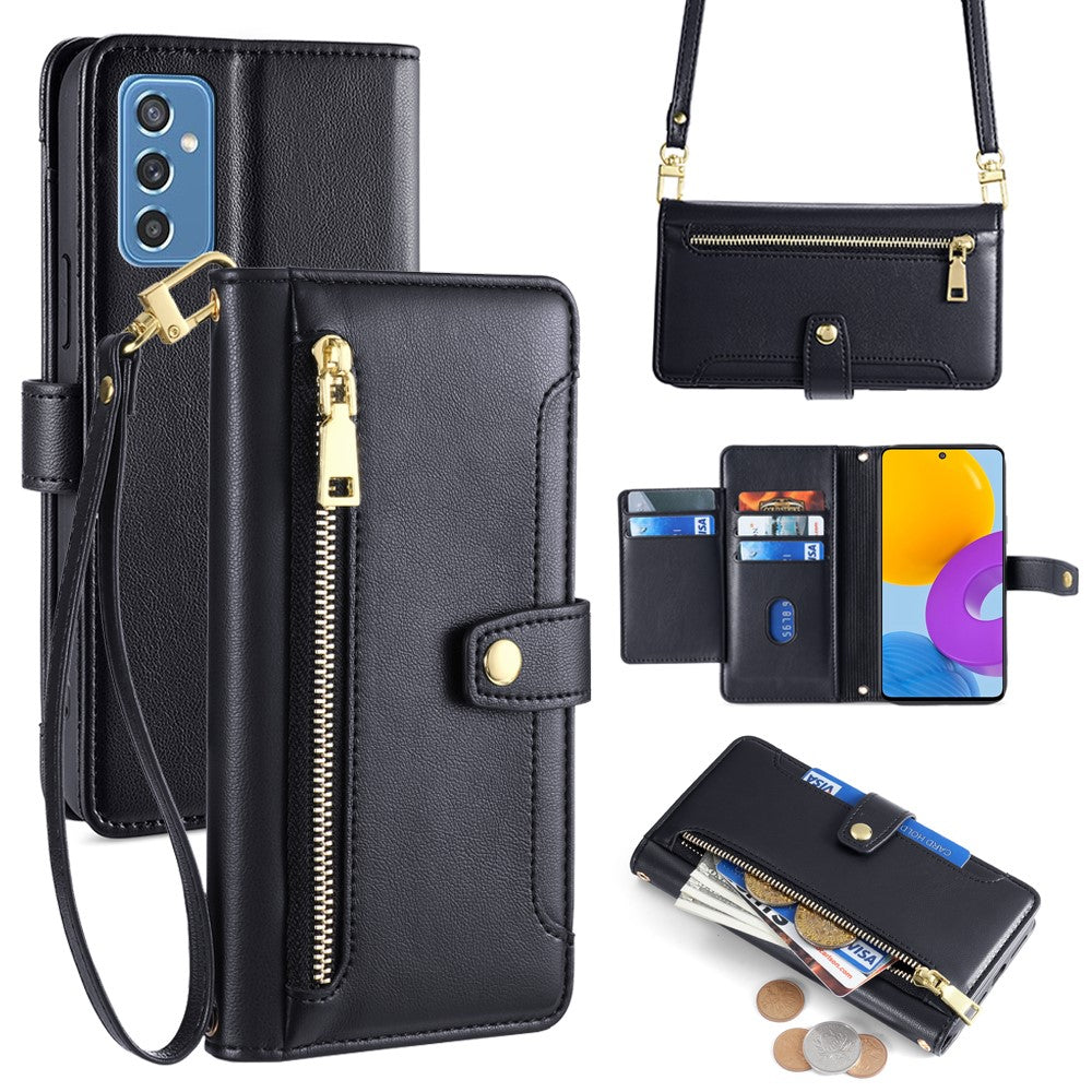 For Samsung Galaxy M52 5G Cell Phone Case Zipper Pocket Drop-proof Leather Wallet Stand Cover