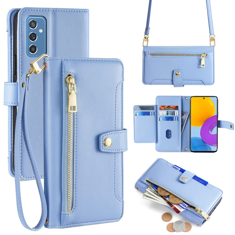 For Samsung Galaxy M52 5G Cell Phone Case Zipper Pocket Drop-proof Leather Wallet Stand Cover