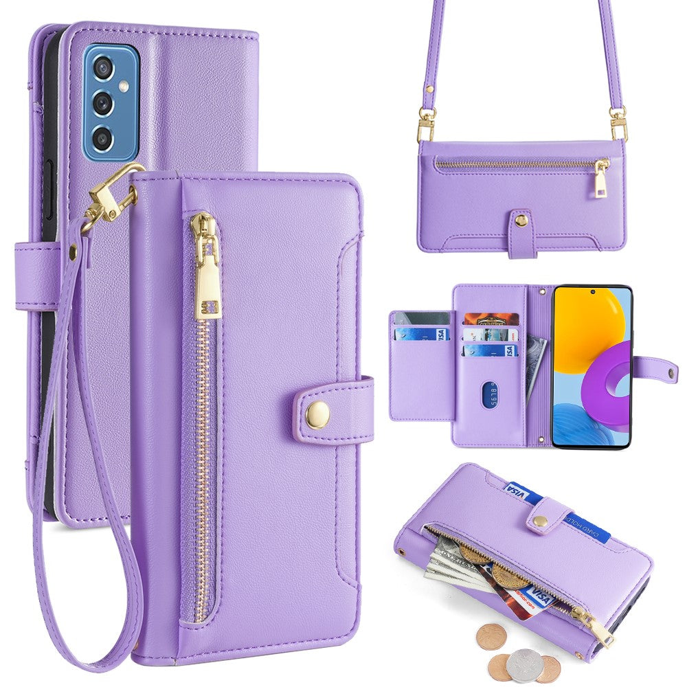 For Samsung Galaxy M52 5G Cell Phone Case Zipper Pocket Drop-proof Leather Wallet Stand Cover