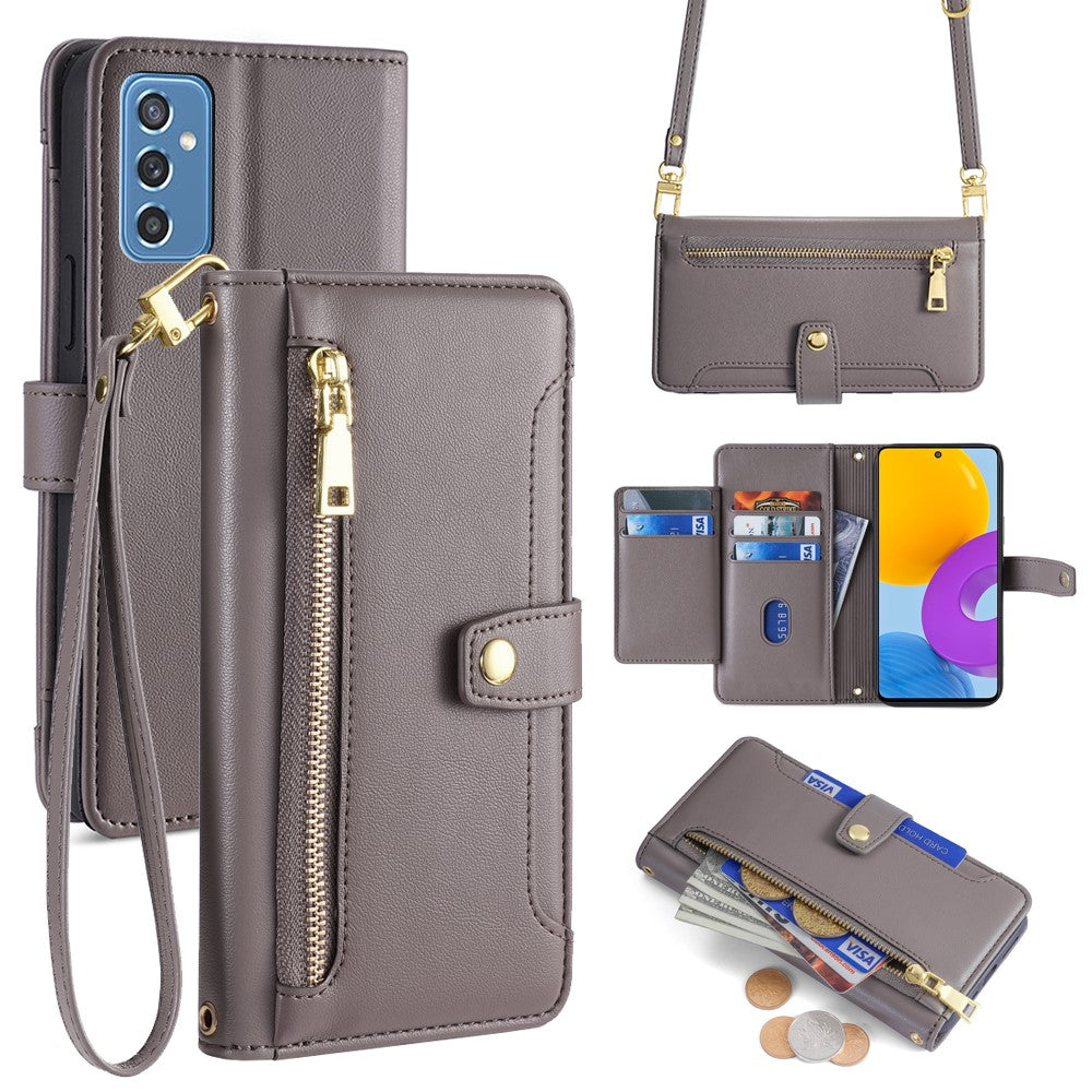 For Samsung Galaxy M52 5G Cell Phone Case Zipper Pocket Drop-proof Leather Wallet Stand Cover