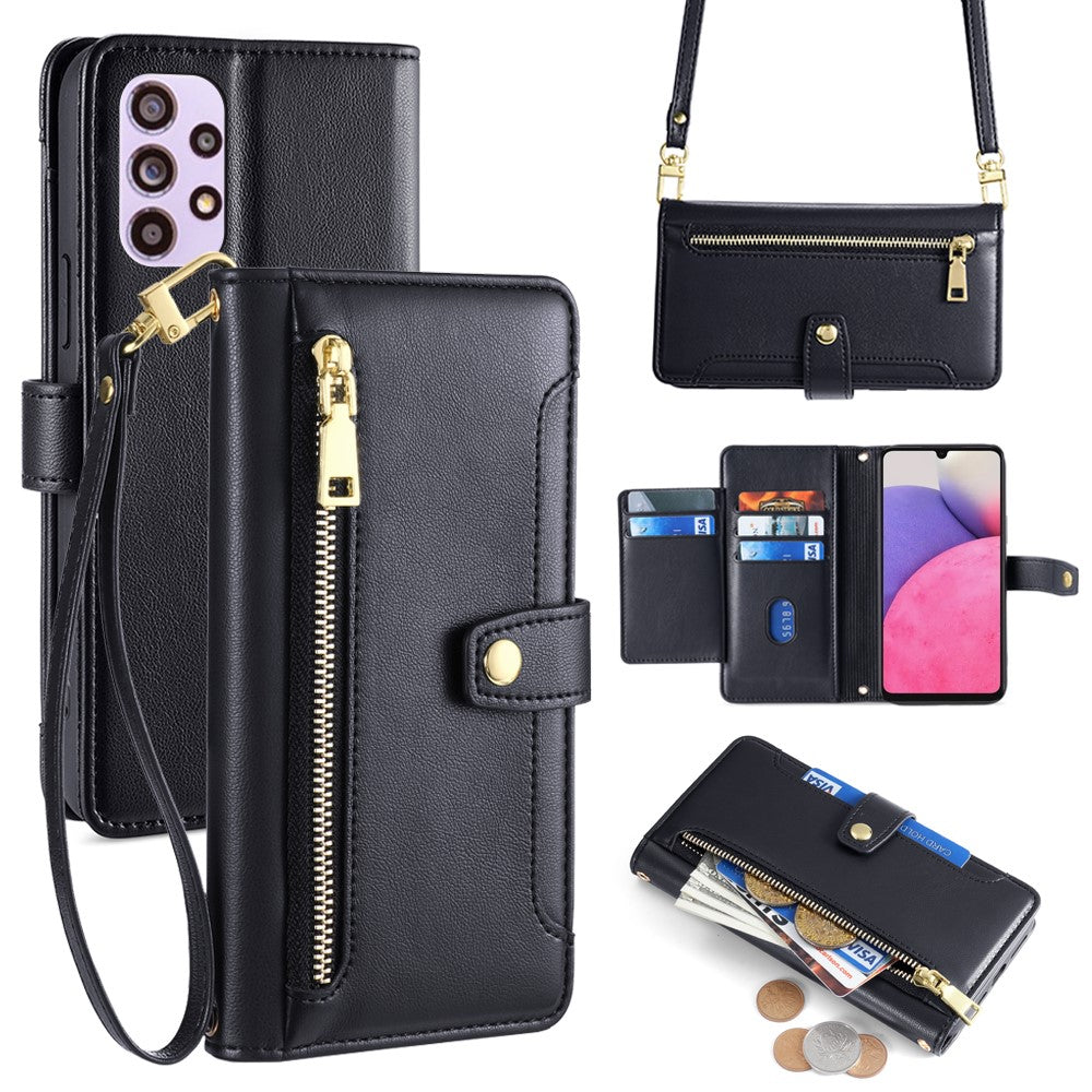For Samsung Galaxy A33 5G Case Zipper Pocket Stand Phone Cover with Shoulder Strap