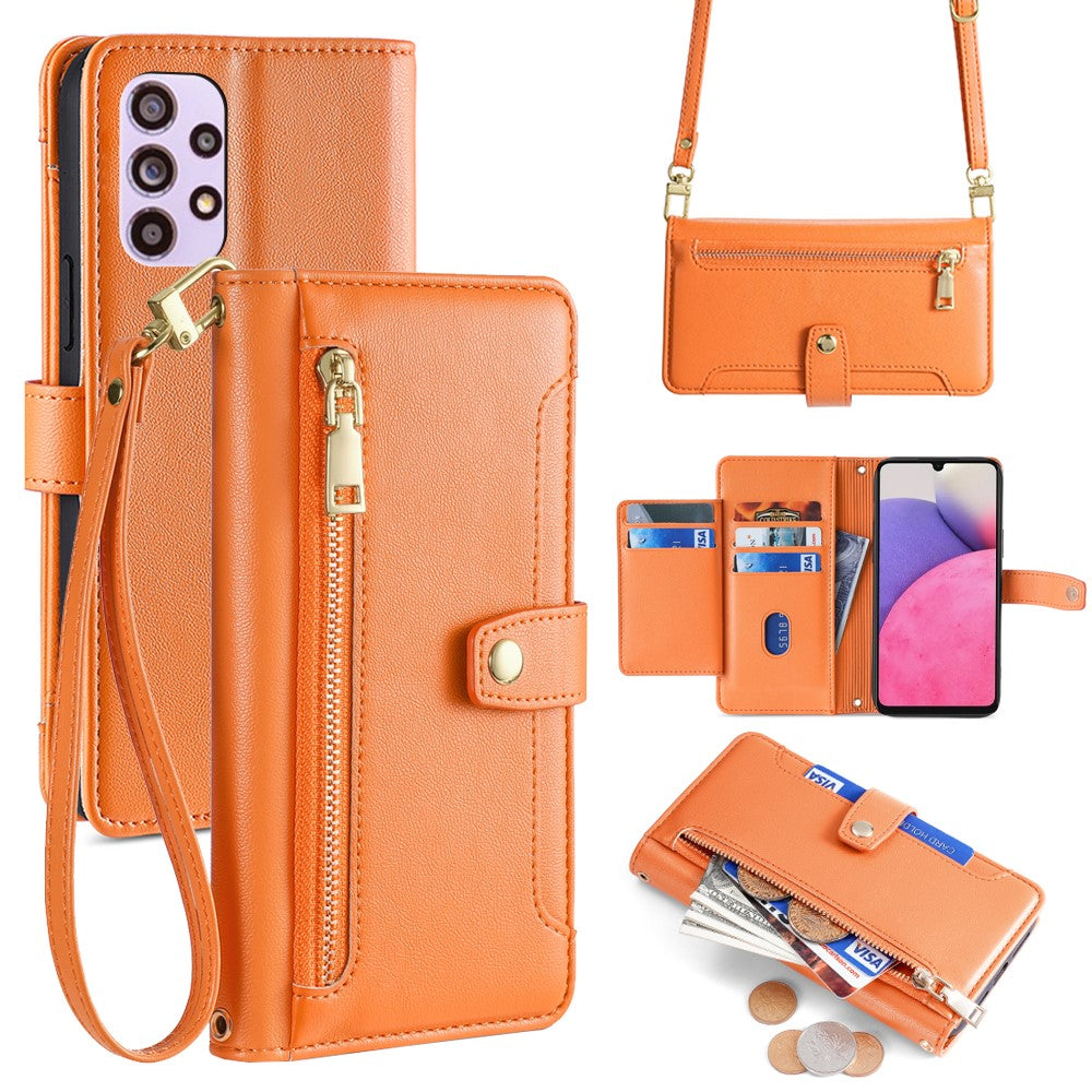 For Samsung Galaxy A33 5G Case Zipper Pocket Stand Phone Cover with Shoulder Strap