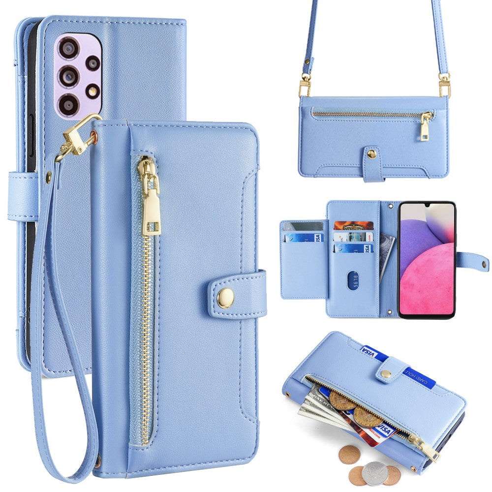 For Samsung Galaxy A33 5G Case Zipper Pocket Stand Phone Cover with Shoulder Strap