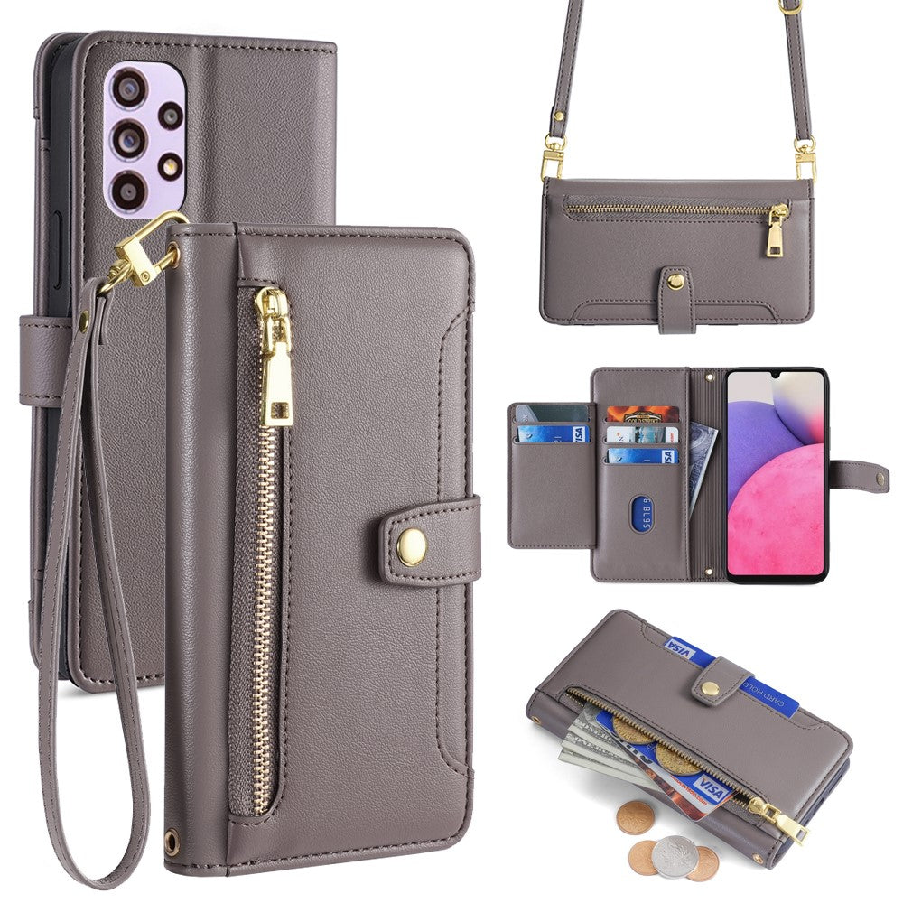 For Samsung Galaxy A33 5G Case Zipper Pocket Stand Phone Cover with Shoulder Strap