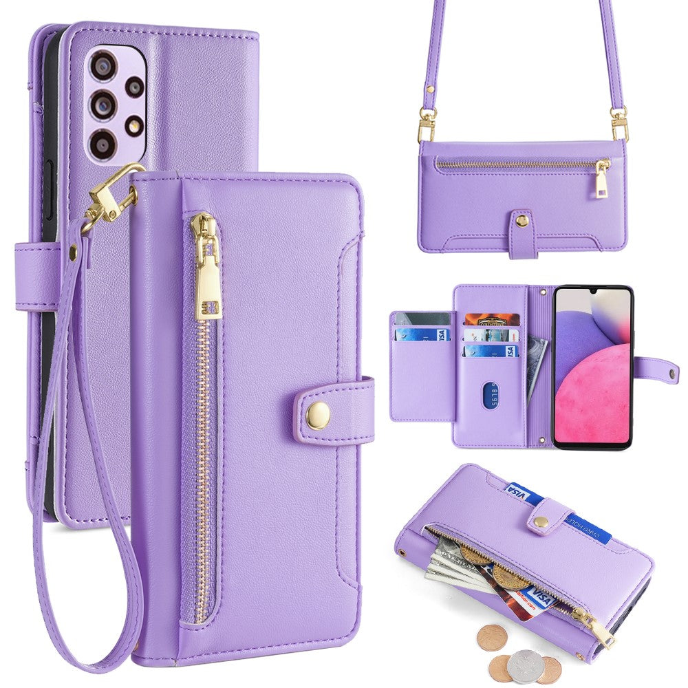 For Samsung Galaxy A33 5G Case Zipper Pocket Stand Phone Cover with Shoulder Strap