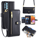 For Samsung Galaxy A32 4G (EU Version) Cell Phone Case Zipper Pocket Leather Cover with Wrist Strap