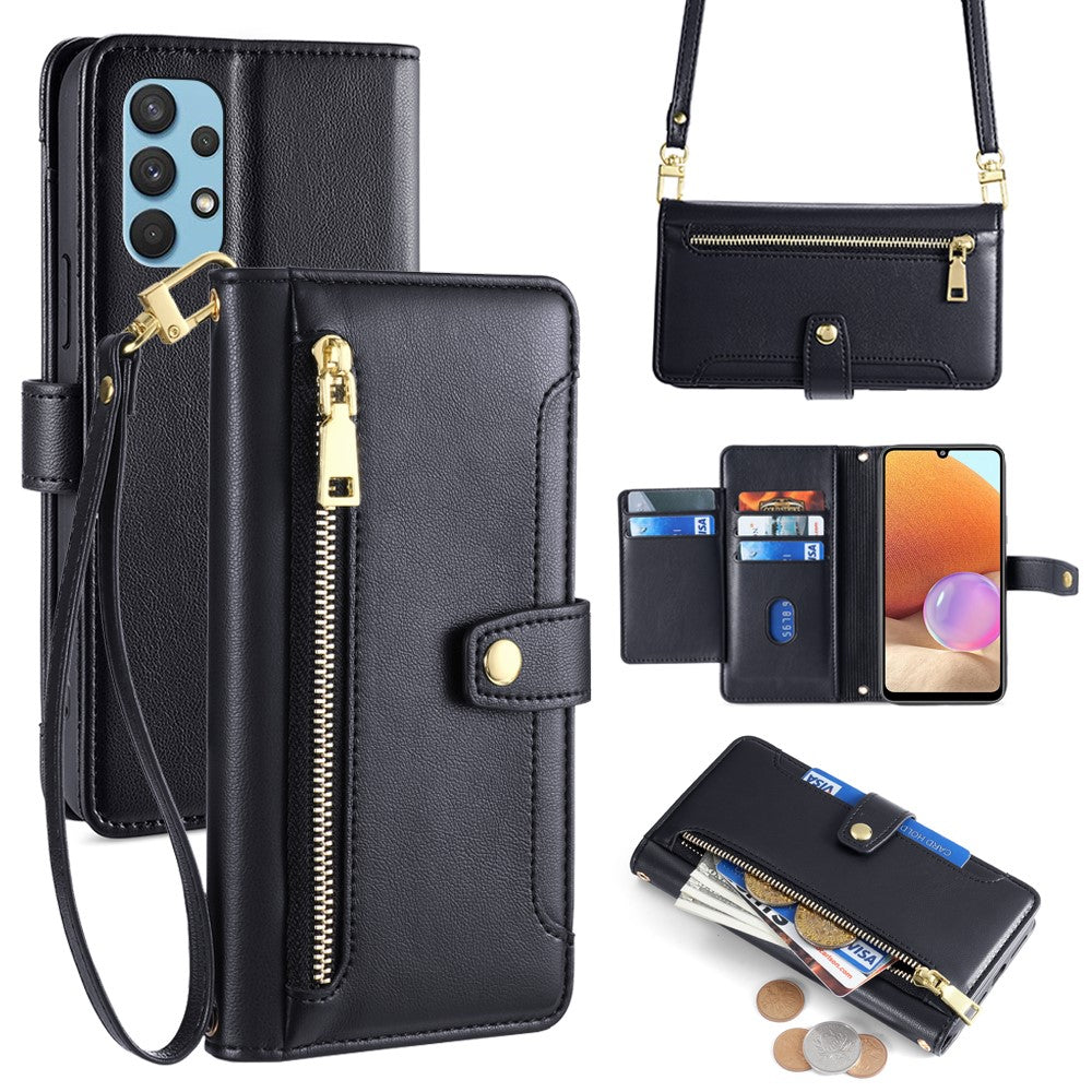 For Samsung Galaxy A32 4G (EU Version) Cell Phone Case Zipper Pocket Leather Cover with Wrist Strap