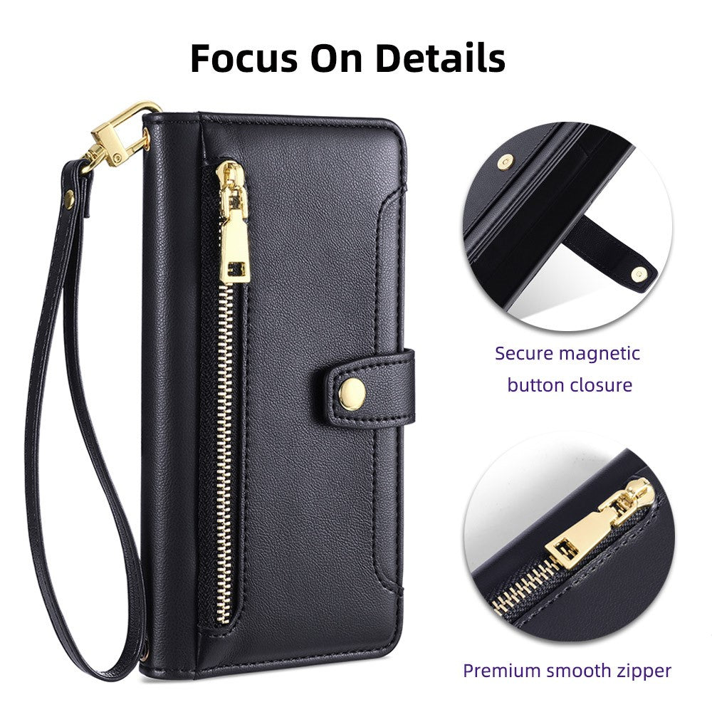 For Samsung Galaxy A32 4G (EU Version) Cell Phone Case Zipper Pocket Leather Cover with Wrist Strap