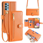 For Samsung Galaxy A32 4G (EU Version) Cell Phone Case Zipper Pocket Leather Cover with Wrist Strap