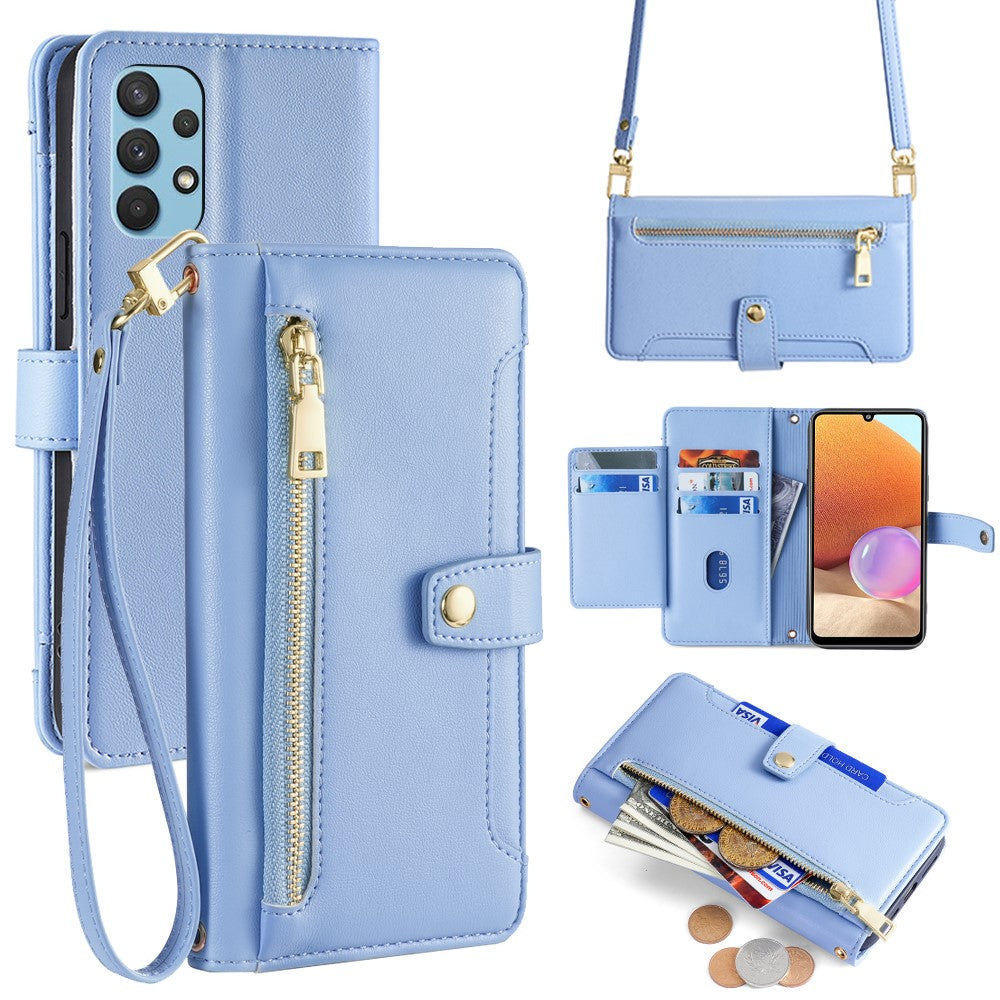 For Samsung Galaxy A32 4G (EU Version) Cell Phone Case Zipper Pocket Leather Cover with Wrist Strap