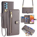 For Samsung Galaxy A32 4G (EU Version) Cell Phone Case Zipper Pocket Leather Cover with Wrist Strap