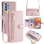 For Samsung Galaxy A32 4G (EU Version) Cell Phone Case Zipper Pocket Leather Cover with Wrist Strap