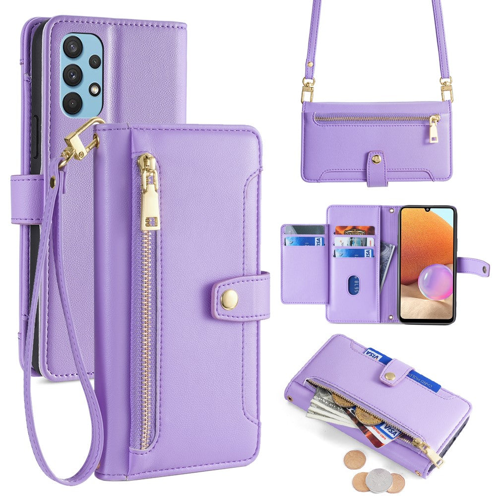 For Samsung Galaxy A32 4G (EU Version) Cell Phone Case Zipper Pocket Leather Cover with Wrist Strap