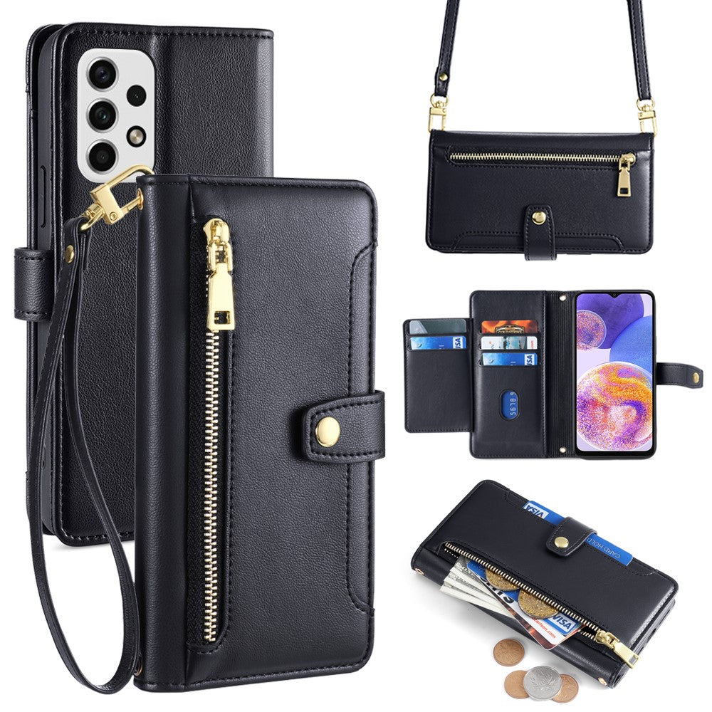 For Samsung Galaxy A23 5G (Global Version) Magnetic Phone Case PU Leather Stand Cover with Wrist Strap