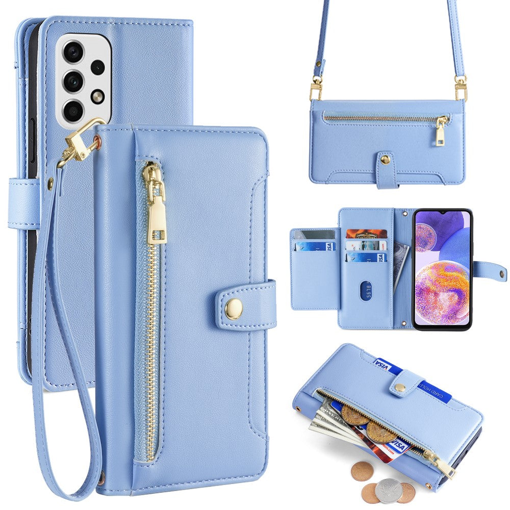 For Samsung Galaxy A23 5G (Global Version) Magnetic Phone Case PU Leather Stand Cover with Wrist Strap