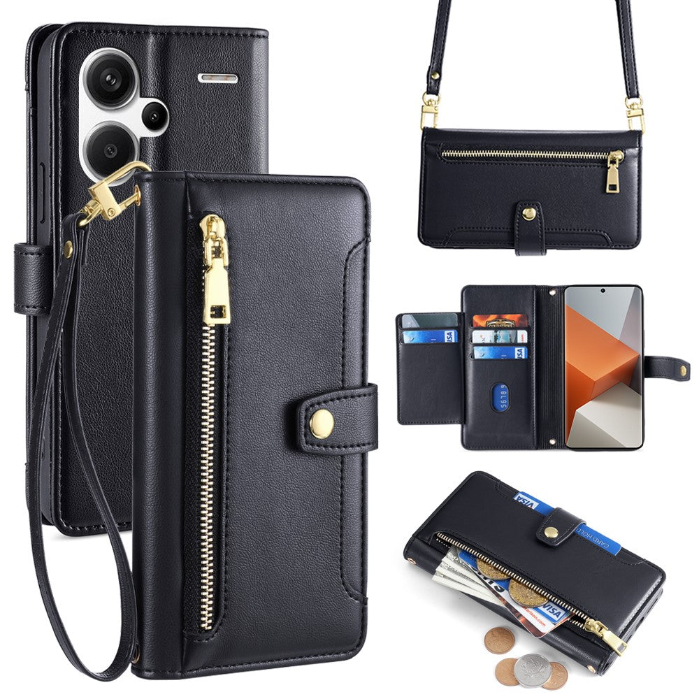 For Xiaomi Redmi Note 13 Pro+ 5G Leather Case Zipper Phone Cover with 2 Straps
