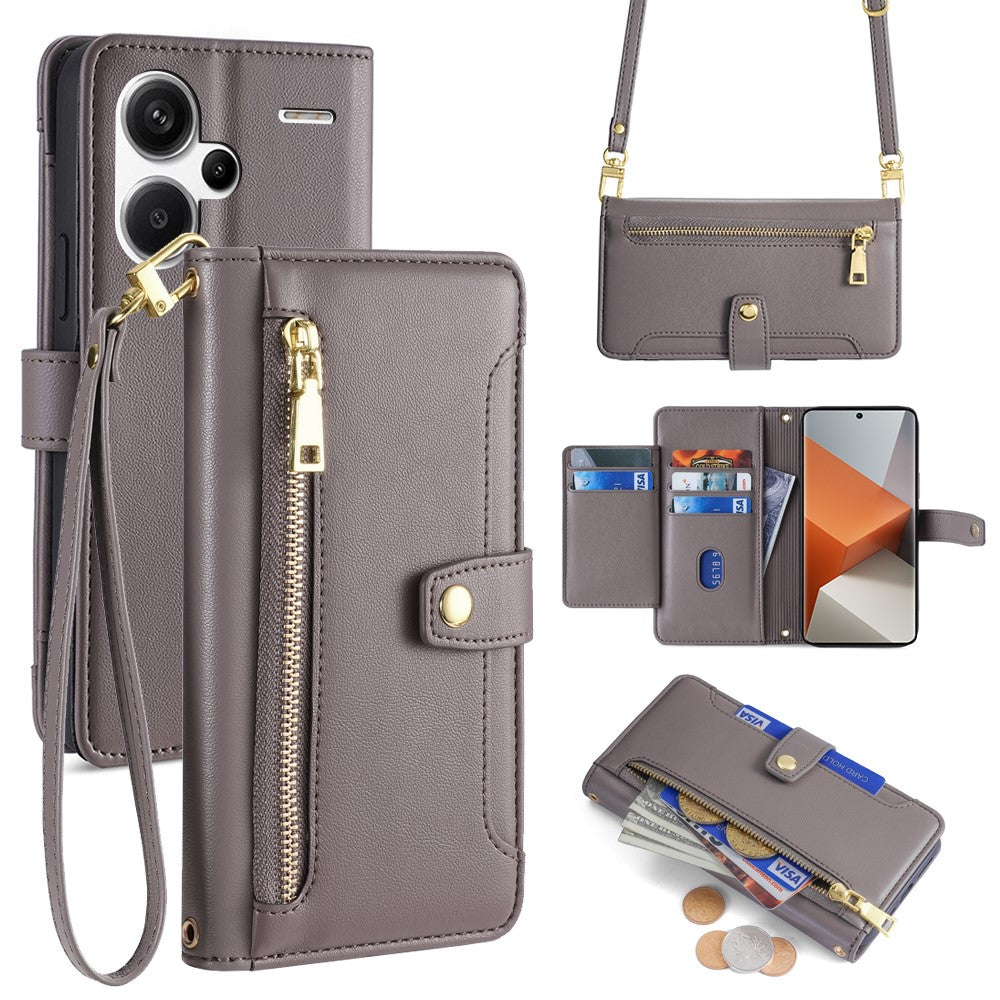 For Xiaomi Redmi Note 13 Pro+ 5G Leather Case Zipper Phone Cover with 2 Straps