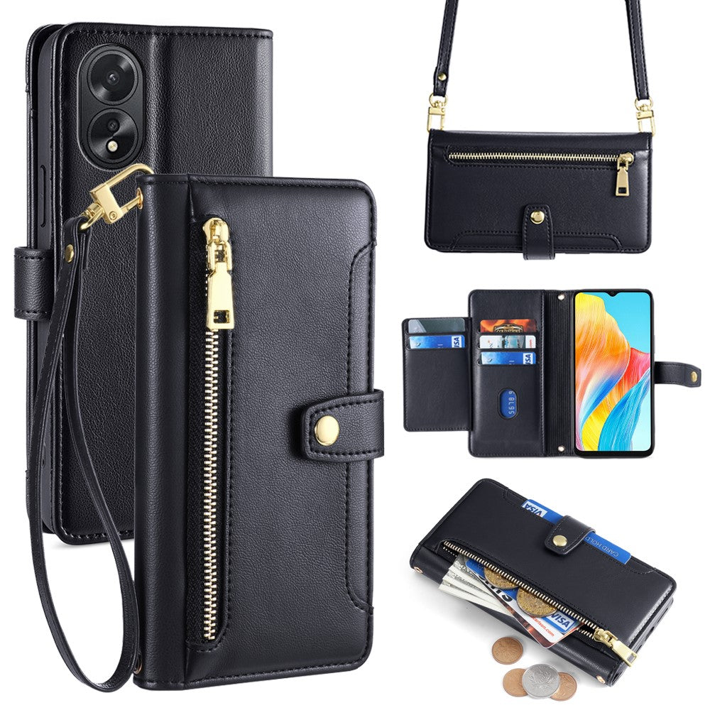 For Oppo A38 4G / A18 4G Case Card Slots Leather Wallet Phone Cover with 2 Straps