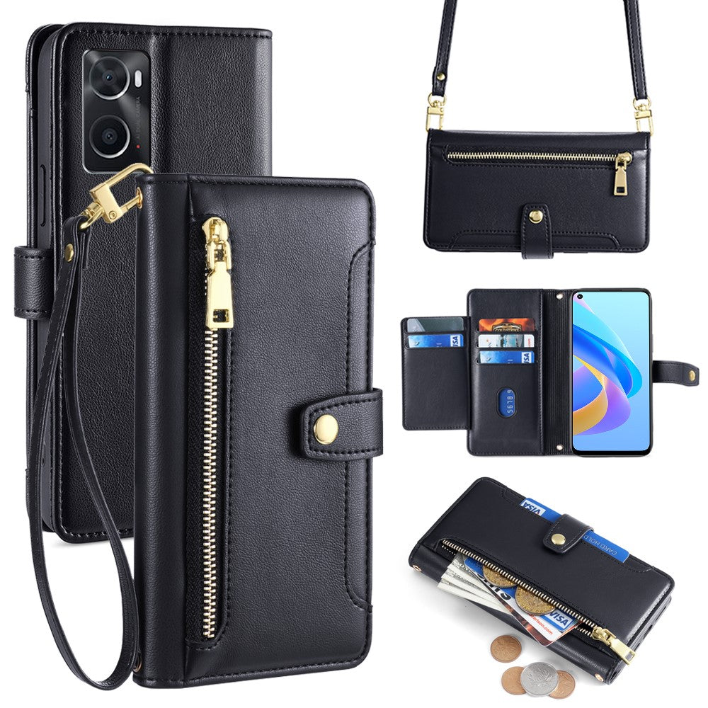 For Oppo A36 Case Zipper Pocket Leather Wallet Drop Protection Phone Cover with 2 Straps